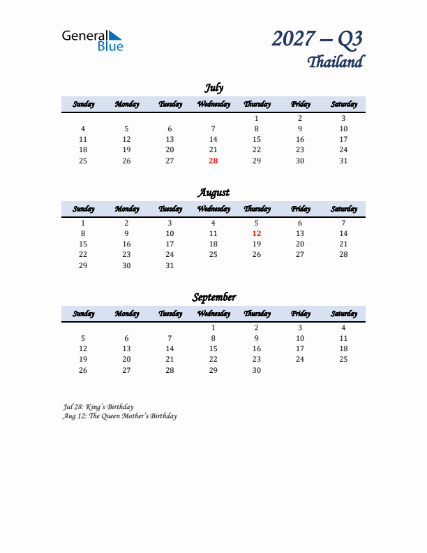 July, August, and September Calendar for Thailand with Sunday Start