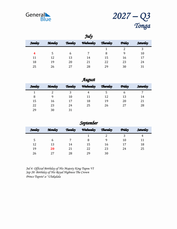 July, August, and September Calendar for Tonga with Sunday Start