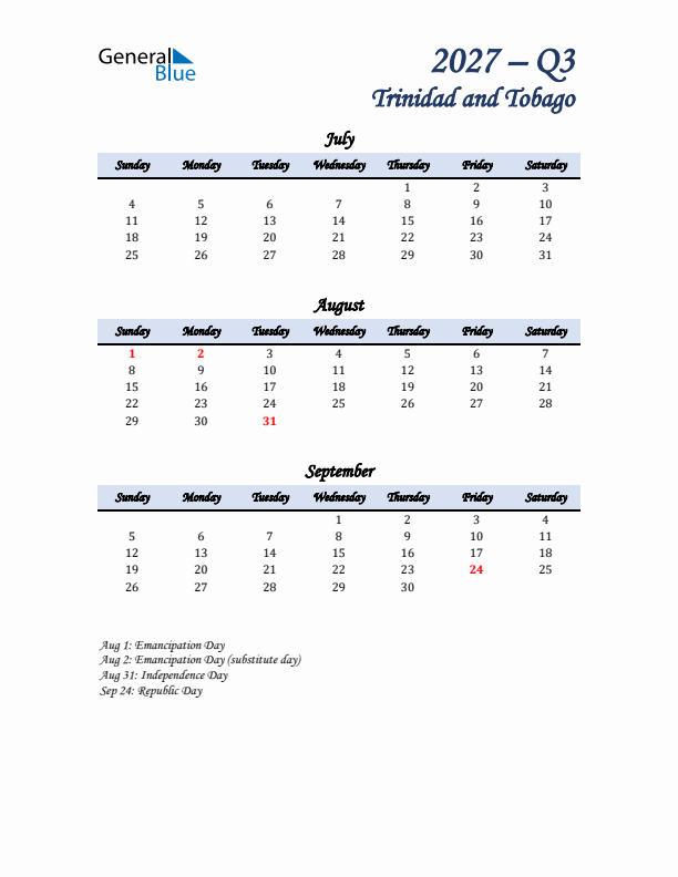 July, August, and September Calendar for Trinidad and Tobago with Sunday Start