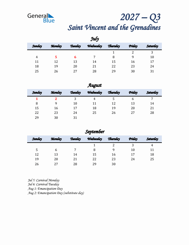 July, August, and September Calendar for Saint Vincent and the Grenadines with Sunday Start