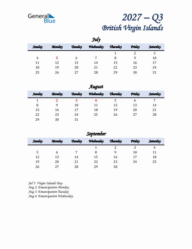 July, August, and September Calendar for British Virgin Islands with Sunday Start