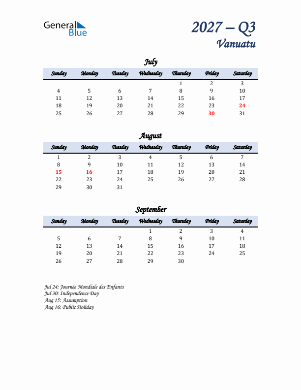 July, August, and September Calendar for Vanuatu with Sunday Start