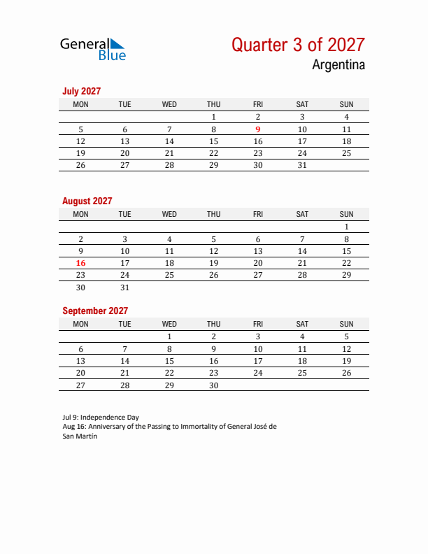 Printable Three Month Calendar with Argentina Holidays