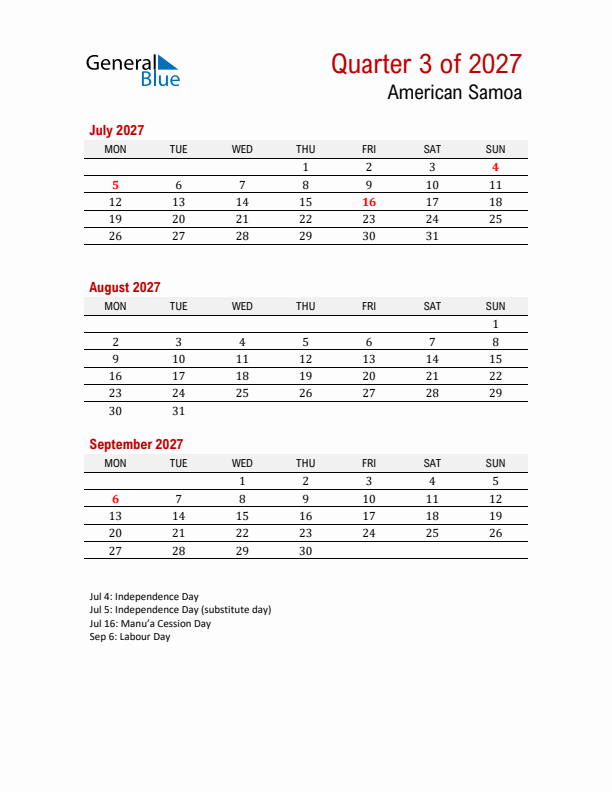 Printable Three Month Calendar with American Samoa Holidays