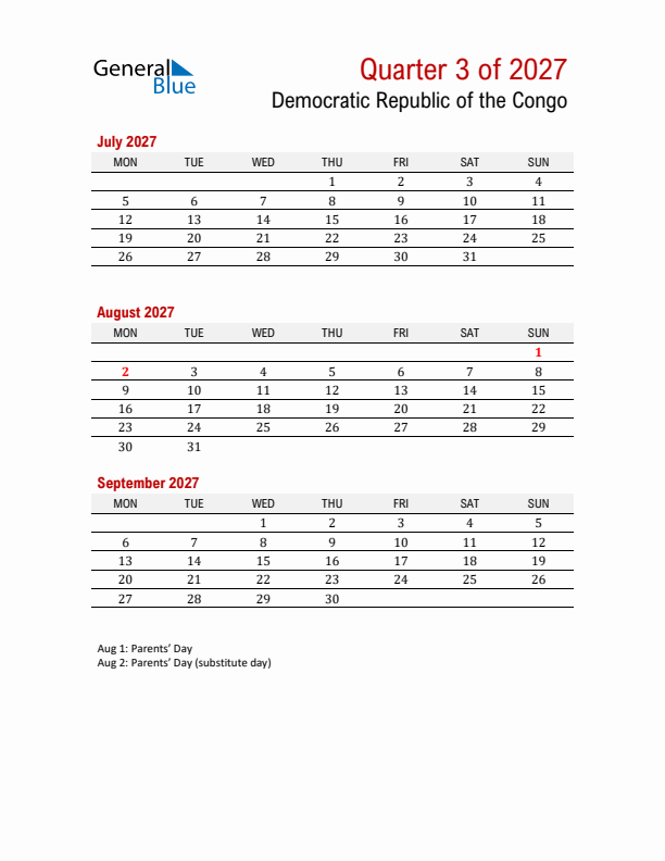 Printable Three Month Calendar with Democratic Republic of the Congo Holidays