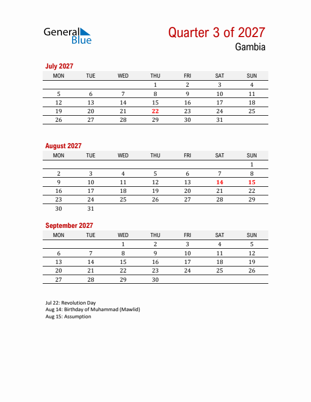 Printable Three Month Calendar with Gambia Holidays