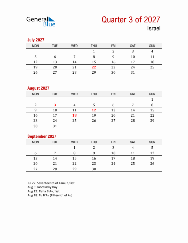 Printable Three Month Calendar with Israel Holidays
