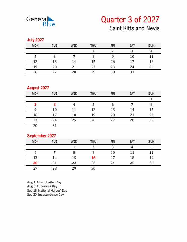 Printable Three Month Calendar with Saint Kitts and Nevis Holidays