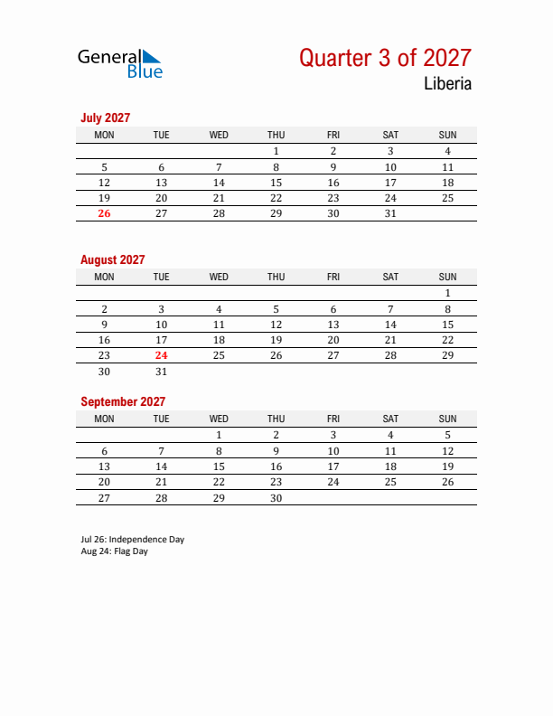 Printable Three Month Calendar with Liberia Holidays