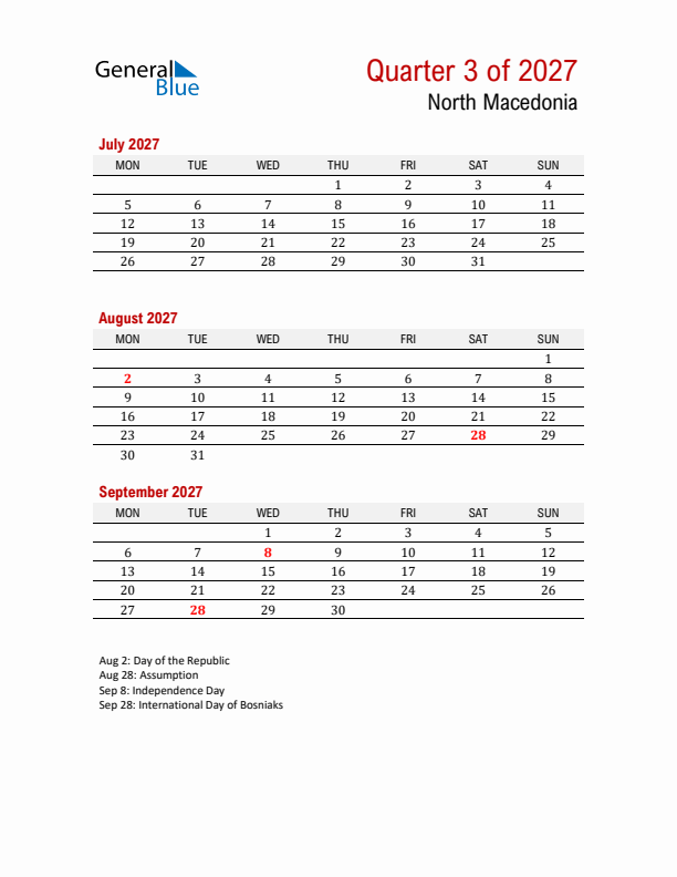 Printable Three Month Calendar with North Macedonia Holidays