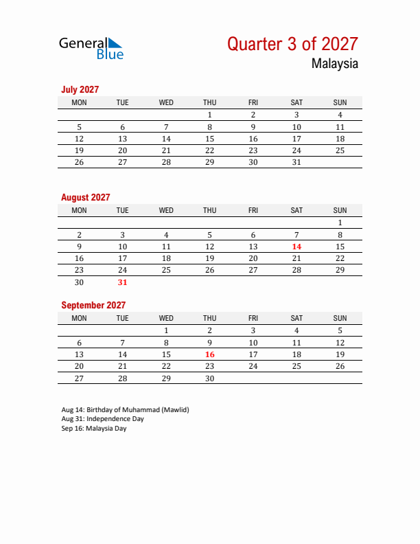 Printable Three Month Calendar with Malaysia Holidays