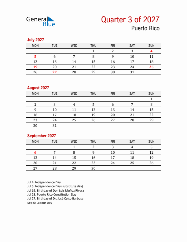 Printable Three Month Calendar with Puerto Rico Holidays