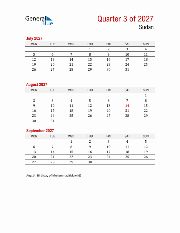 Printable Three Month Calendar with Sudan Holidays