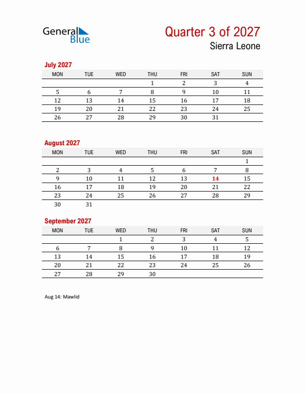 Printable Three Month Calendar with Sierra Leone Holidays