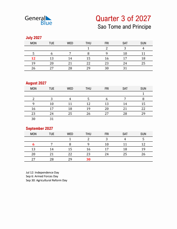 Printable Three Month Calendar with Sao Tome and Principe Holidays