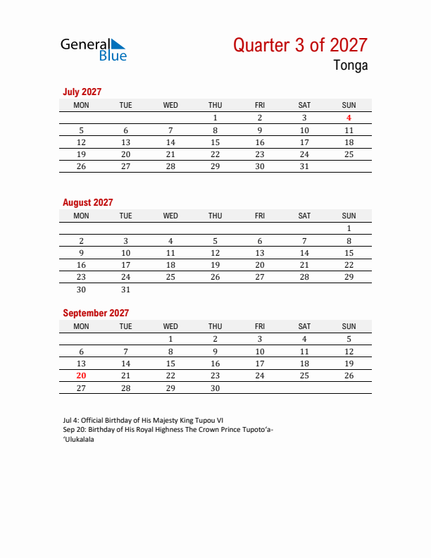 Printable Three Month Calendar with Tonga Holidays