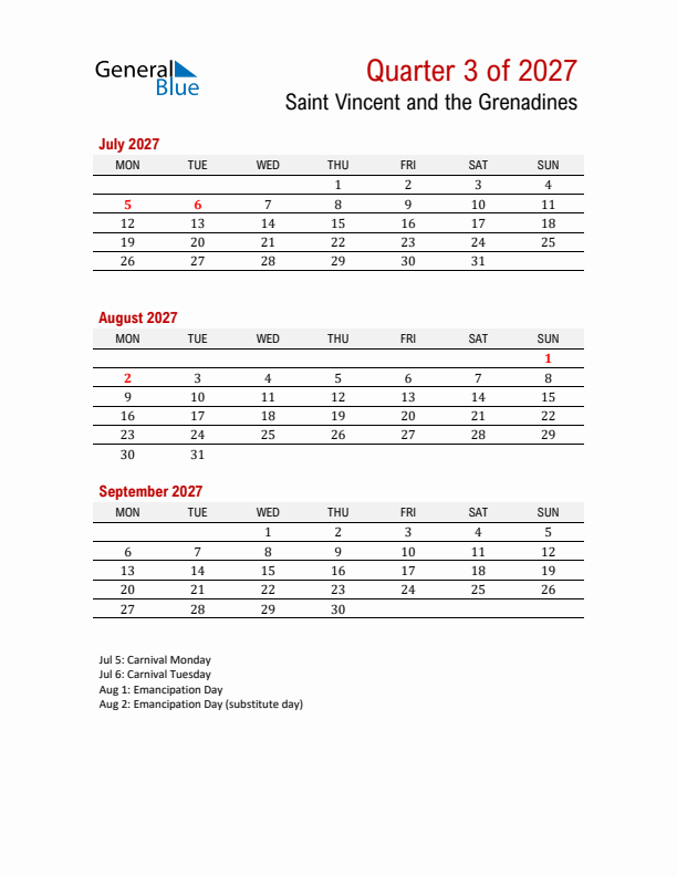 Printable Three Month Calendar with Saint Vincent and the Grenadines Holidays