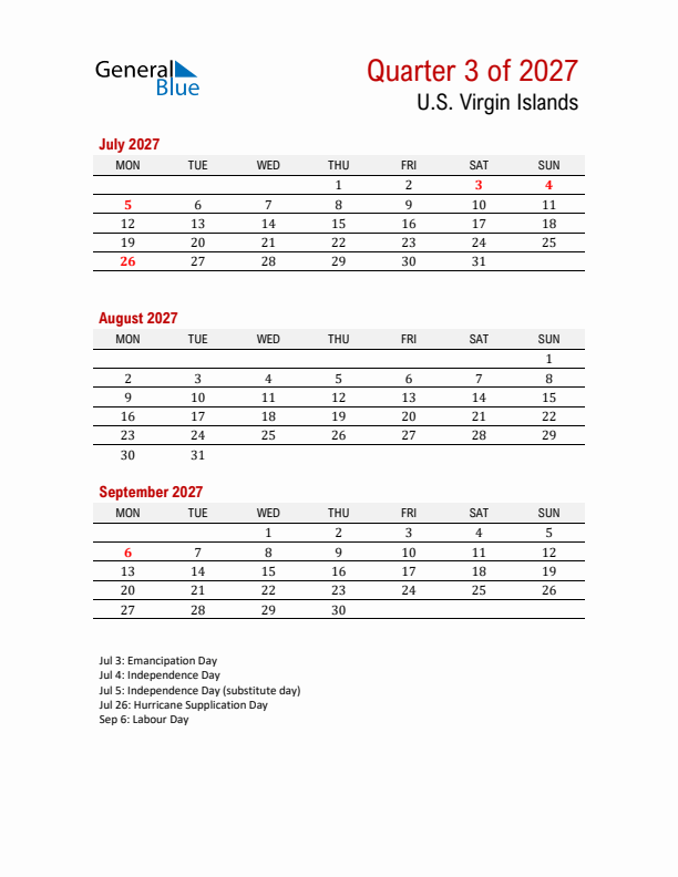 Printable Three Month Calendar with U.S. Virgin Islands Holidays