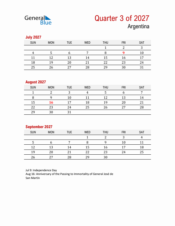 Printable Three Month Calendar with Argentina Holidays