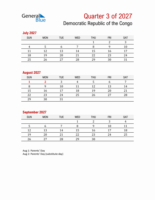 Printable Three Month Calendar with Democratic Republic of the Congo Holidays