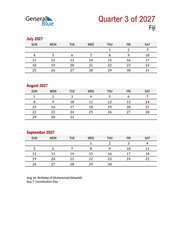 Printable Three Month Calendar with Fiji Holidays
