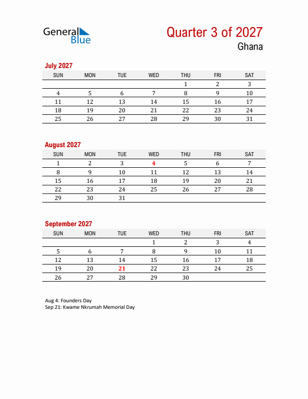 Printable Three Month Calendar with Ghana Holidays