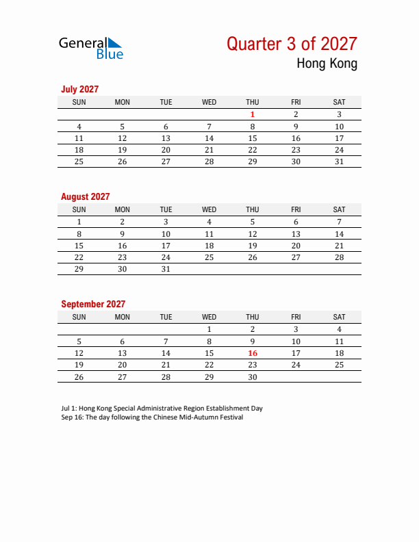 Printable Three Month Calendar with Hong Kong Holidays