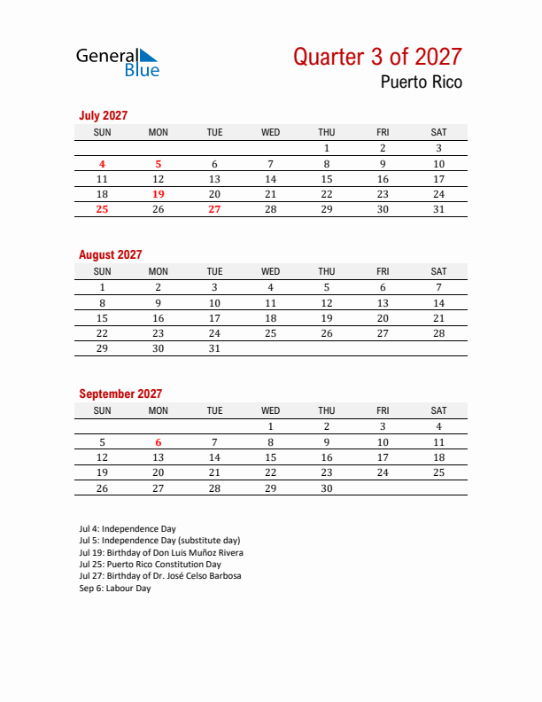 Printable Three Month Calendar with Puerto Rico Holidays