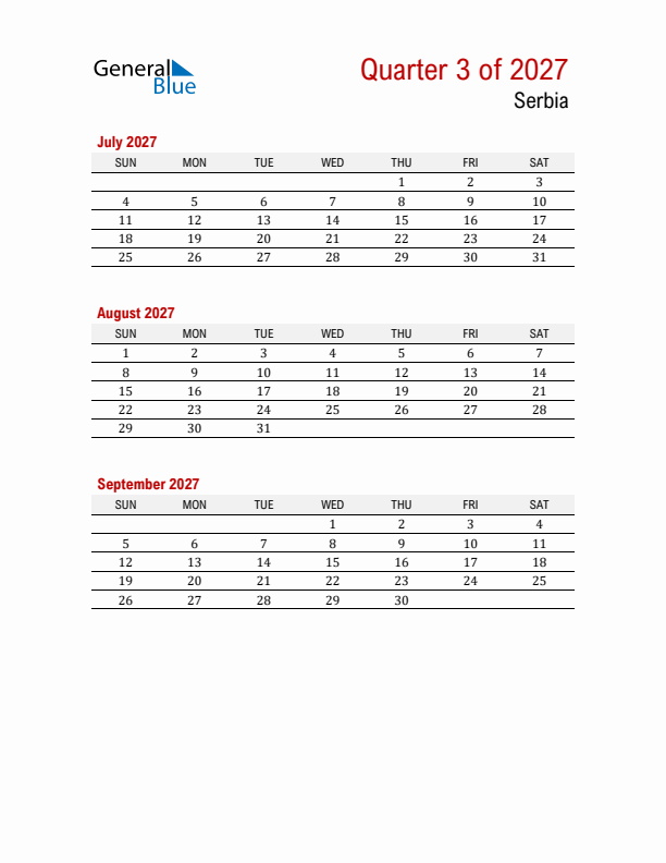 Printable Three Month Calendar with Serbia Holidays