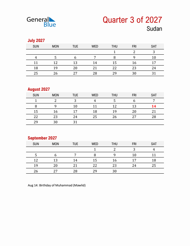 Printable Three Month Calendar with Sudan Holidays