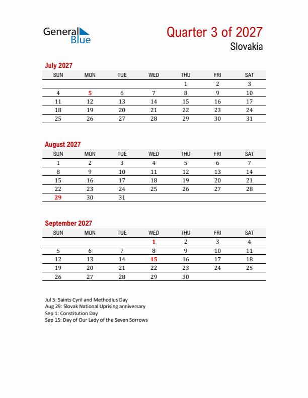 Printable Three Month Calendar with Slovakia Holidays