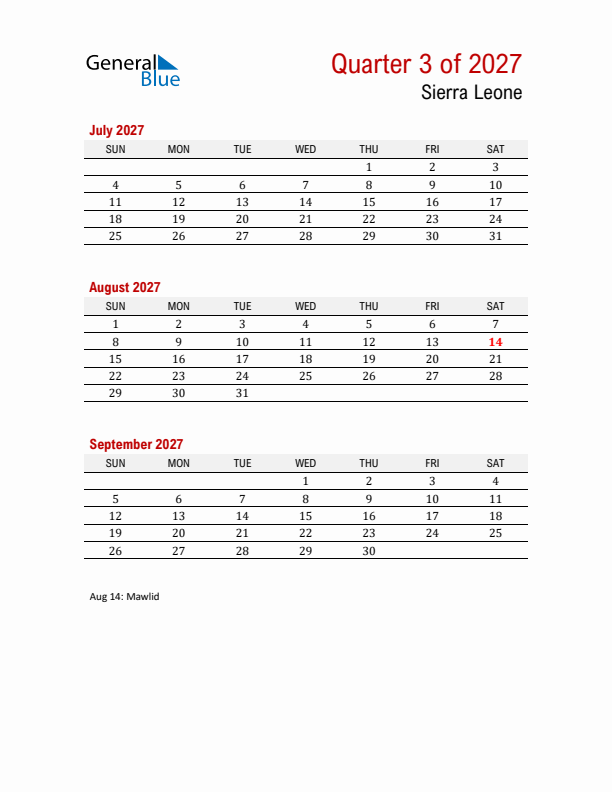 Printable Three Month Calendar with Sierra Leone Holidays