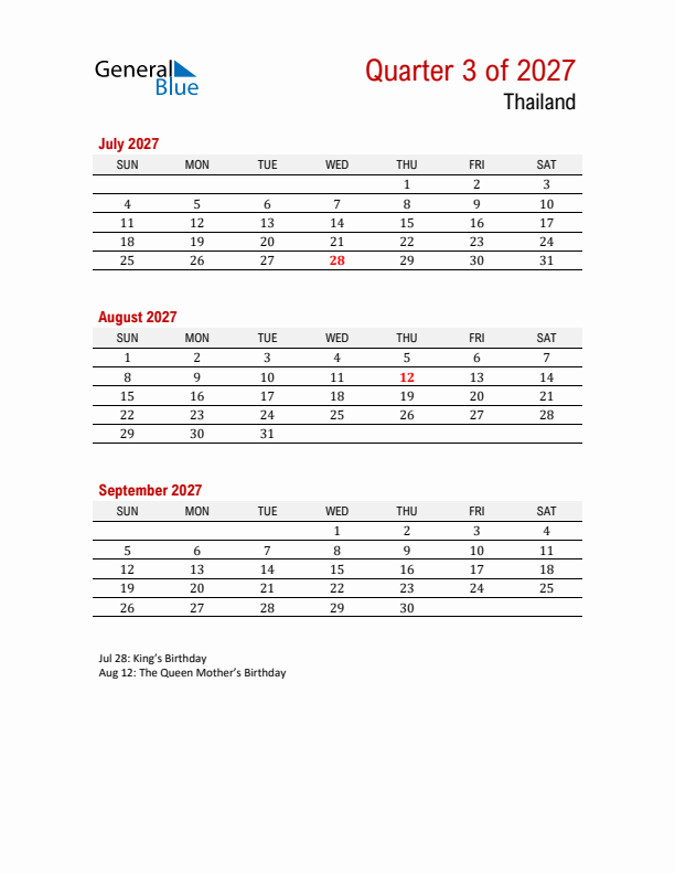 Printable Three Month Calendar with Thailand Holidays