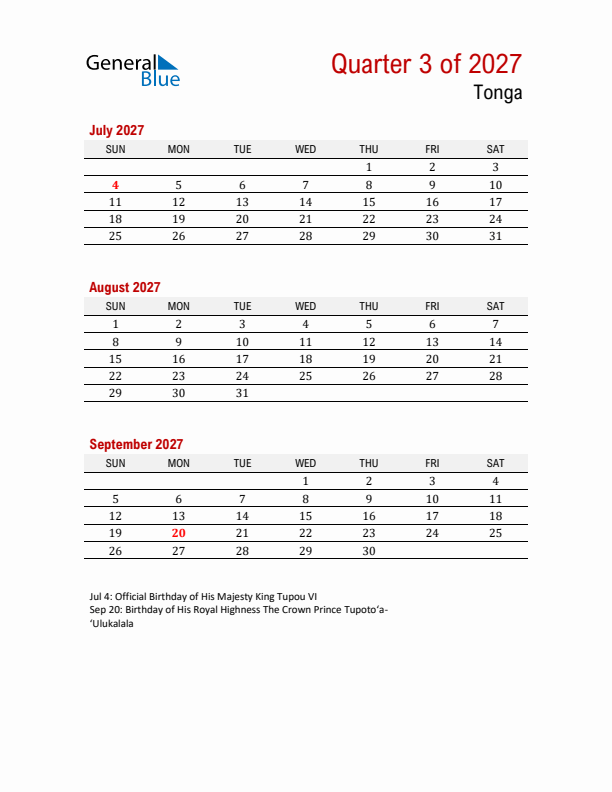 Printable Three Month Calendar with Tonga Holidays