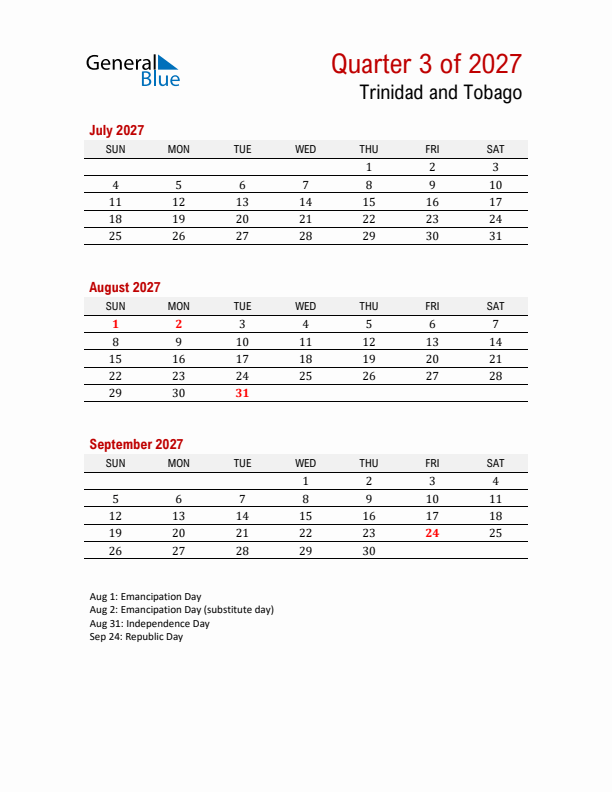 Printable Three Month Calendar with Trinidad and Tobago Holidays
