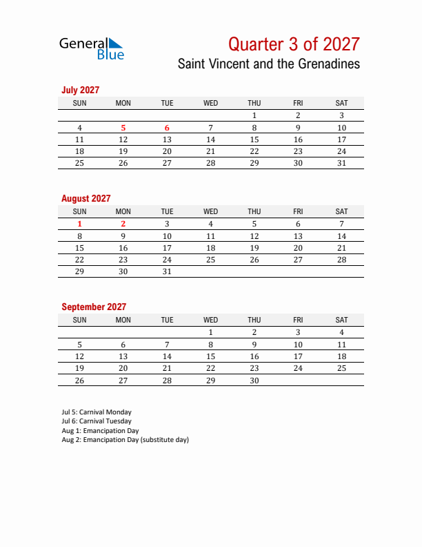 Printable Three Month Calendar with Saint Vincent and the Grenadines Holidays