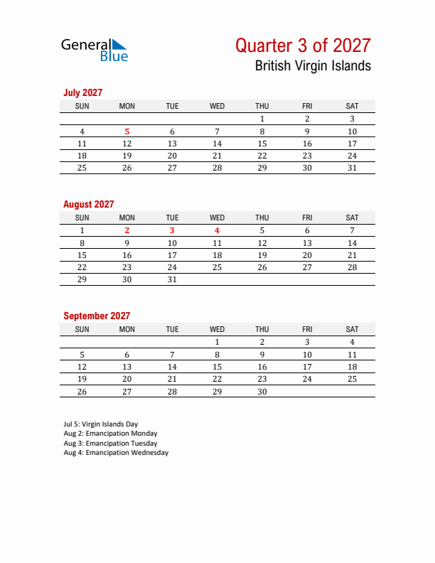 Printable Three Month Calendar with British Virgin Islands Holidays