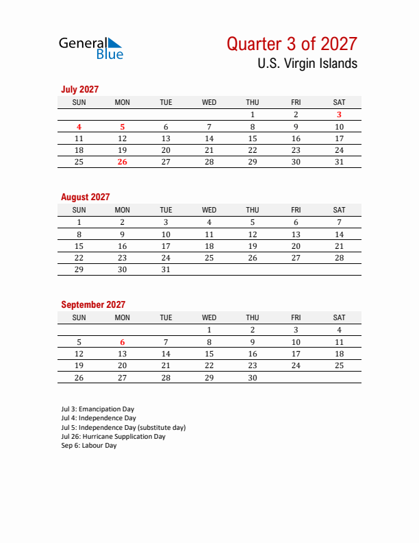 Printable Three Month Calendar with U.S. Virgin Islands Holidays