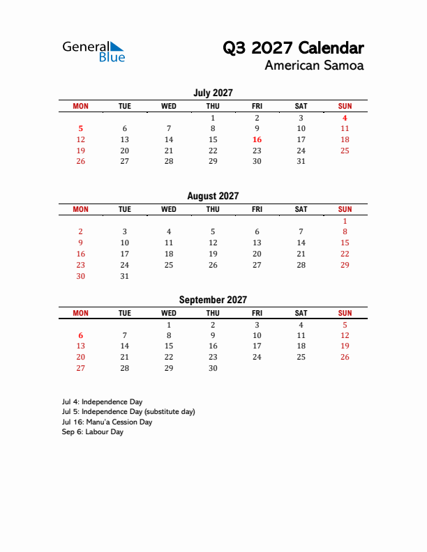 2027 Q3 Calendar with Holidays List for American Samoa