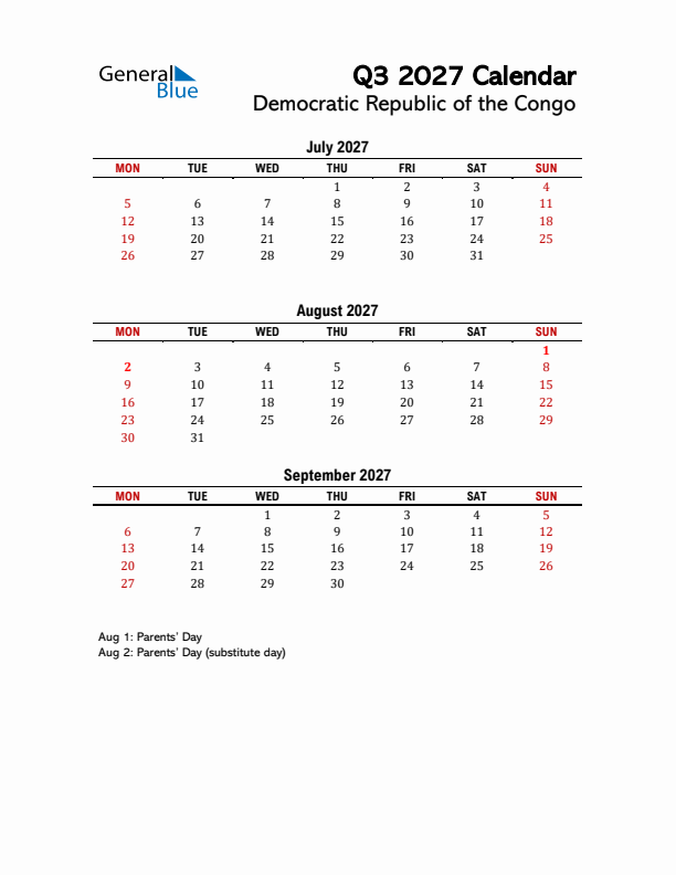 2027 Q3 Calendar with Holidays List for Democratic Republic of the Congo