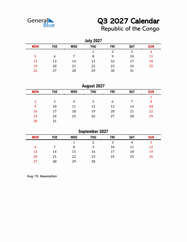 2027 Q3 Calendar with Holidays List for Republic of the Congo