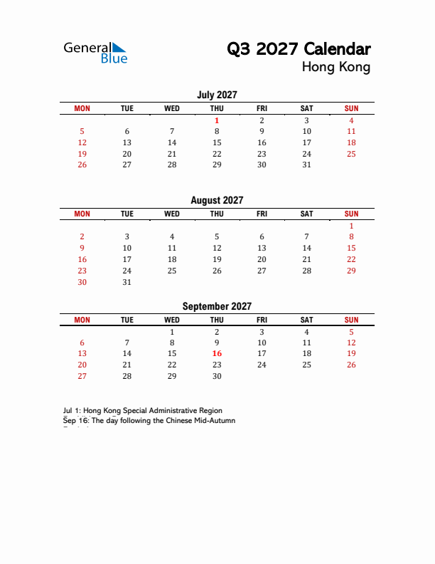 2027 Q3 Calendar with Holidays List for Hong Kong