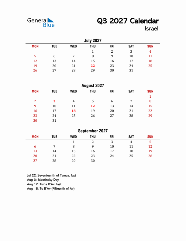 2027 Q3 Calendar with Holidays List for Israel