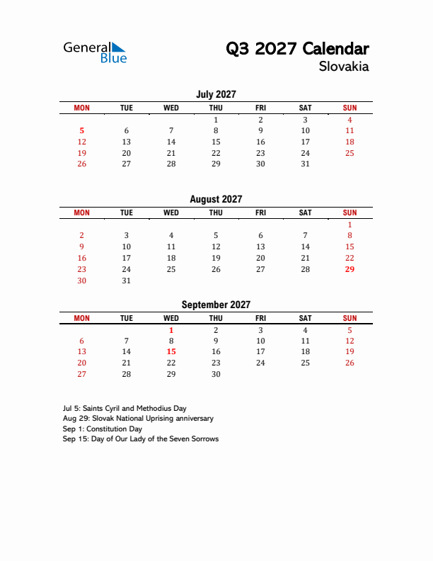 2027 Q3 Calendar with Holidays List for Slovakia