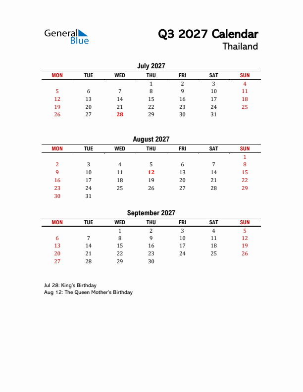 2027 Q3 Calendar with Holidays List for Thailand