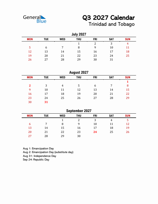 2027 Q3 Calendar with Holidays List for Trinidad and Tobago