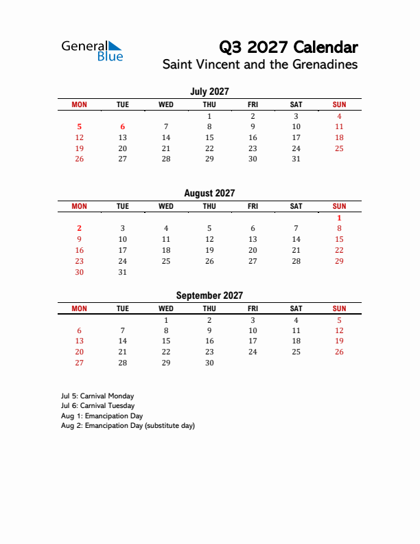 2027 Q3 Calendar with Holidays List for Saint Vincent and the Grenadines