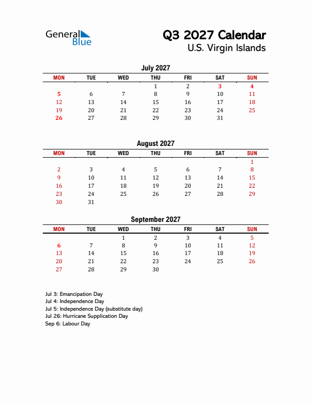 2027 Q3 Calendar with Holidays List for U.S. Virgin Islands