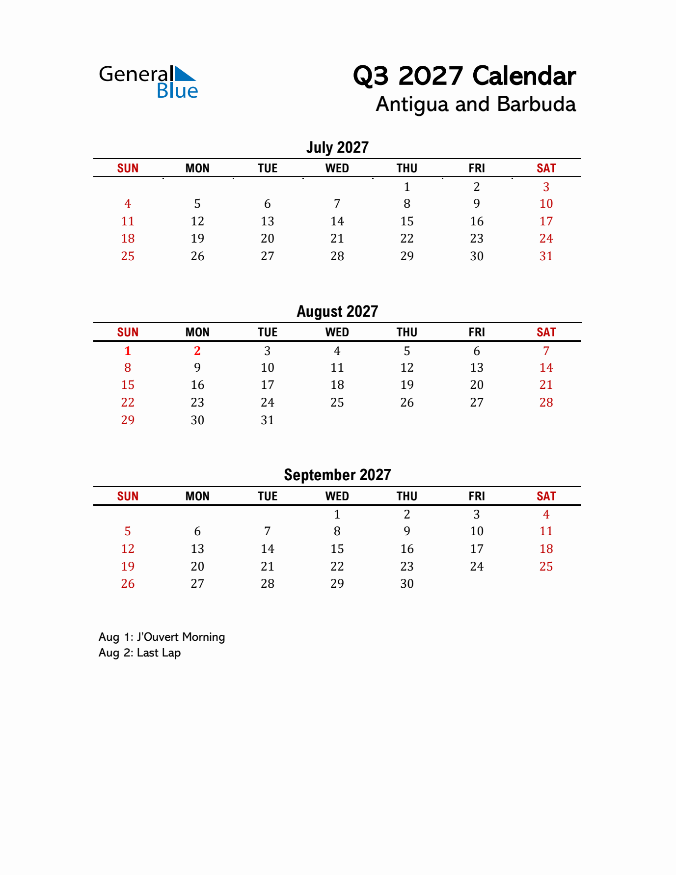 2027 Q3 Calendar with Holidays List for Antigua and Barbuda