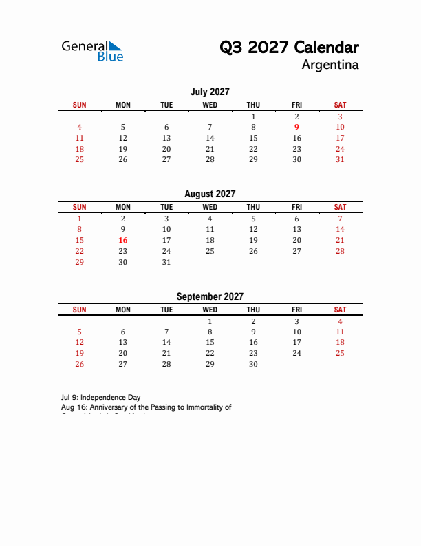2027 Q3 Calendar with Holidays List for Argentina